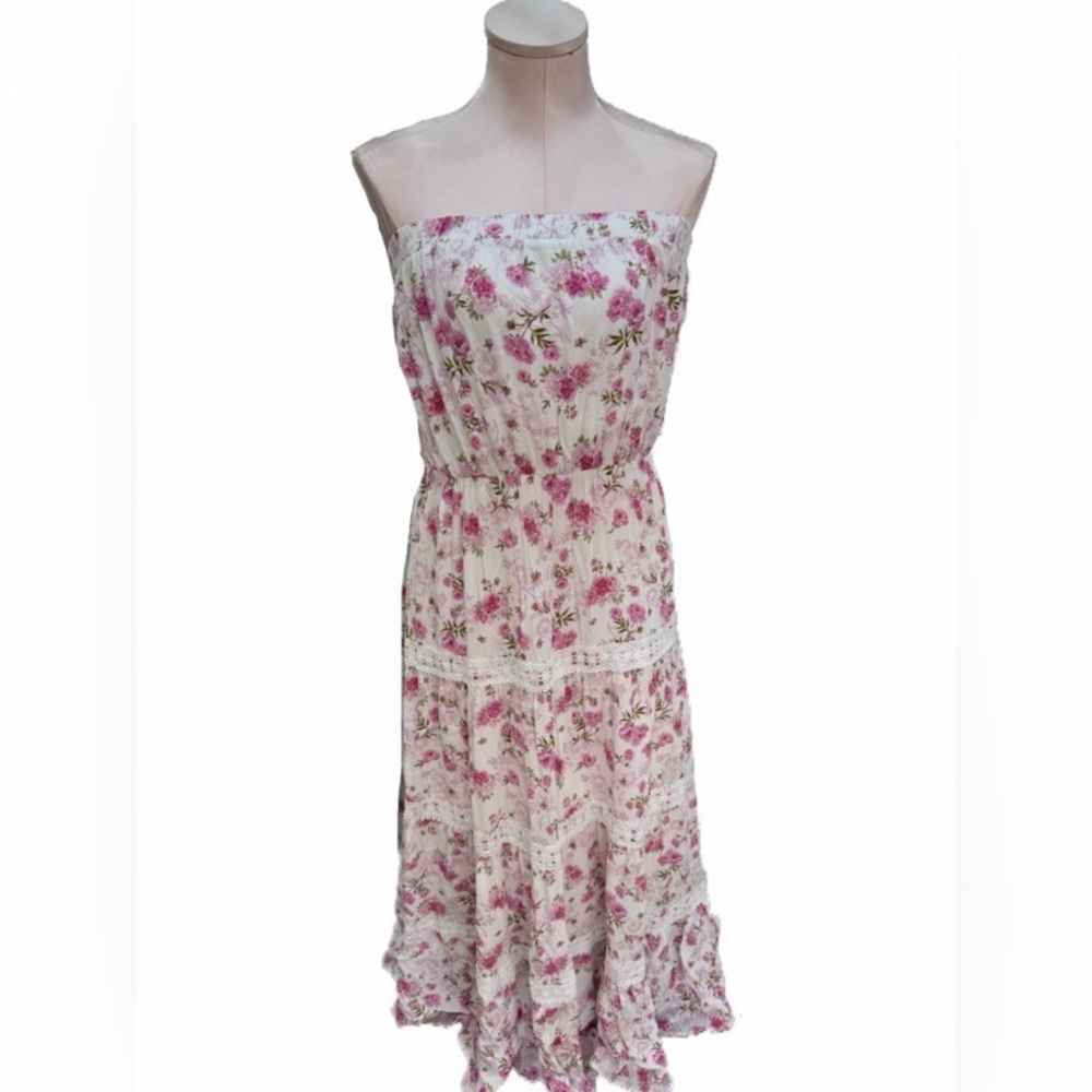 NWOT Strapless Pink Floral rose design maxi Dress - Picture 2 of 6